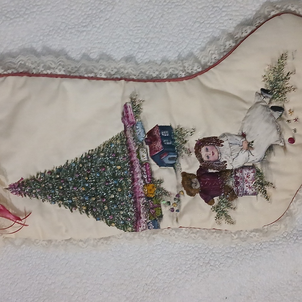 Vintage Hand Painted Christmas Stocking with Lace Trim & Bells - Picture 3 of 5